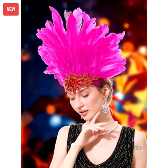 Feather Headpiece with Rhinestones, Adjustable Elastic Headband for Cosplay